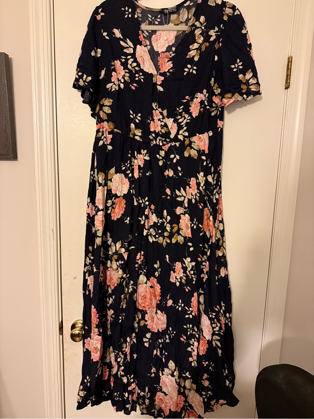 BloomChic Navy Maxi Dress with Pink Floral Print